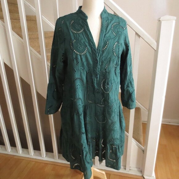Green Cotton Tiered Eyelet Summer Mini Midi Dress with Long Flared Sleeves - Picture 5 of 5